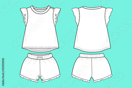 Infant Toddler Baby girls Puff sleeve Tops and Shorts Fashion flat sketch CAD mockup front and back views.