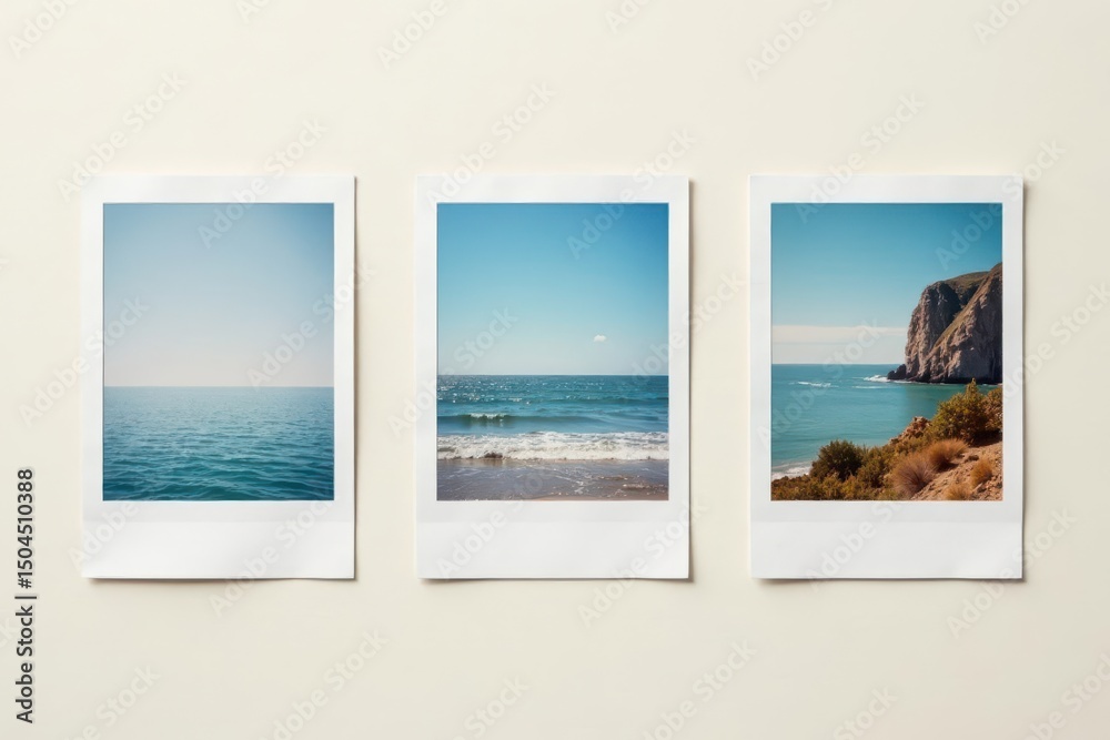 Fototapeta premium Blank white polaroid frames arranged in a line on a neutral background , picture, still life