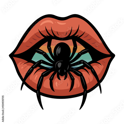 Vector Illustration of Spider Crawling on Lips – Gothic Halloween Concept
