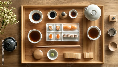 Elegant sushi presentation on a wooden tray with tea and traditional accessories