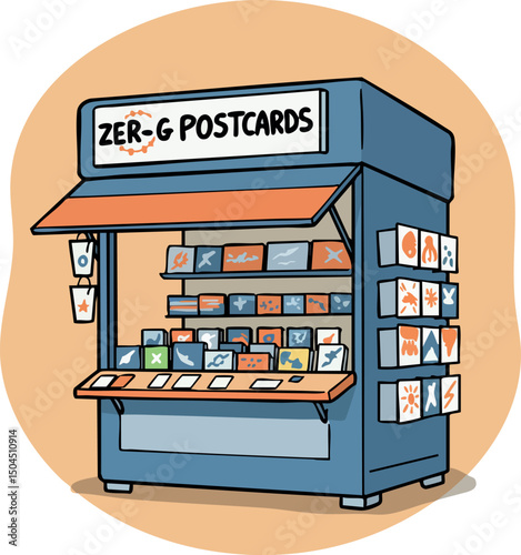 Postcard kiosk selling colorful souvenirs with blue and orange tones vector illustration 