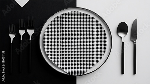 Monochrome elegance: Modern dining setup with geometric patterned plate and cutlery