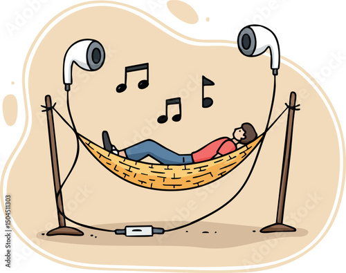 Person relaxing in hammock listening to music with large earphones vector illustration 