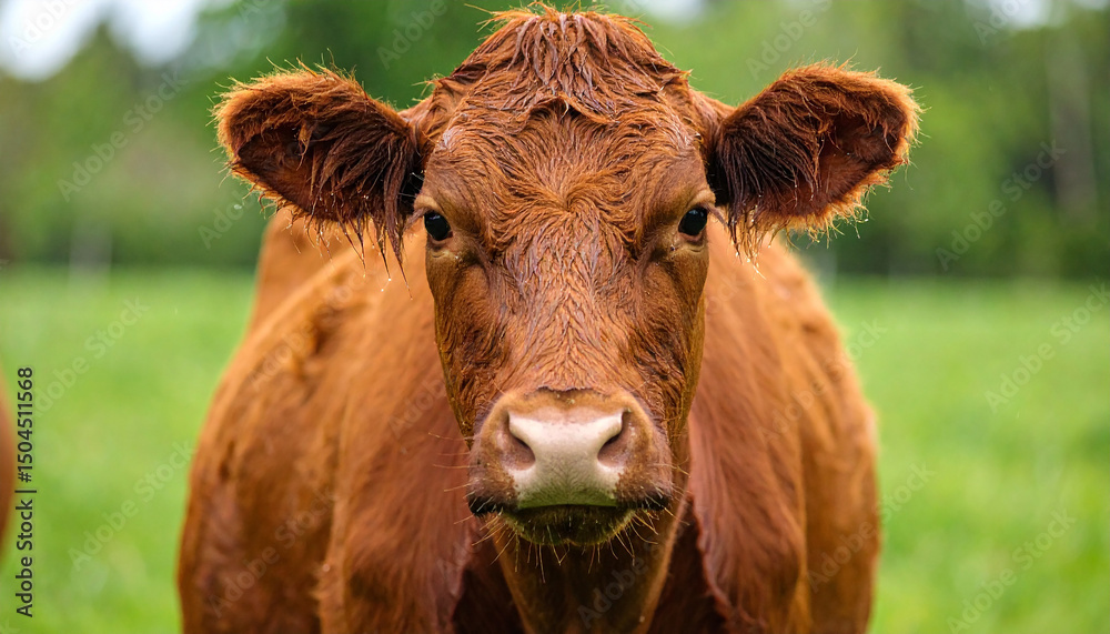 Portrait of cute brown bovine. Domestic cattle, animal. Blurred green pasture. Portrait of cute brown bovine. Domestic cattle, animal. Blurred green pasture.