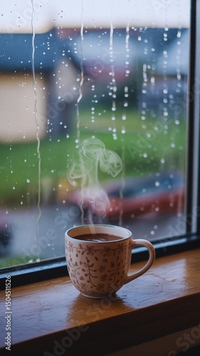 Hot Drink by the Window on a Rainy Day , Cozy Hot Drink by the Window with Steam , Relaxing Hot Drink by the Window and Rain Drops
