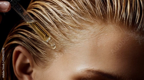 Close-up of a woman applying hair oil with a dropper. She has long, straight blond hair and a smooth complexion. The focus is on the hair and the oil being applied.