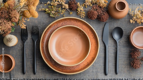 Elegant autumn themed table setting with earthenware and dark cutlery for a rustic meal