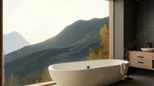 Discover a stunning bathroom with a luxe bathtub, sleek vanity, and mountain views, blending modern elegance and quality