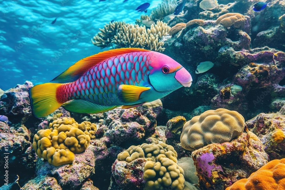 Fototapeta premium Colorful parrot fish swimming among vibrant corals in Barrier Reef waters near Australia, Parrot Fish in corals of Barrier Reef near Australia coast Sea adventure