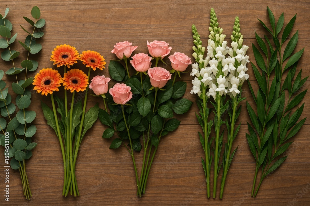 Obraz premium A top-down view of fresh floral stems arranged on a wooden surface — including eucalyptus, gerbera daisies, roses, and snapdragons in vibrant natural colors.