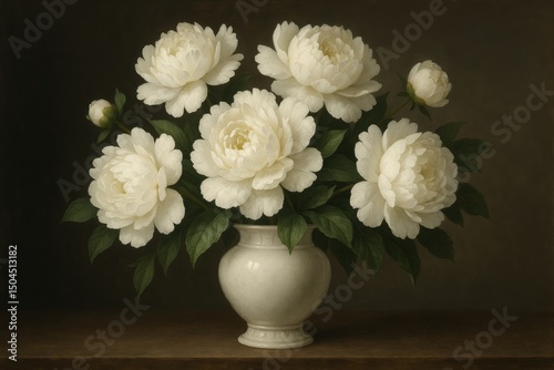 Elegant still life of white peonies in a ceramic vase on a wooden table. Soft lighting and dark background evoke a classic oil painting aesthetic.