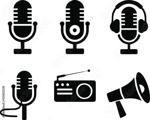  A set of vector silhouette microphone icons