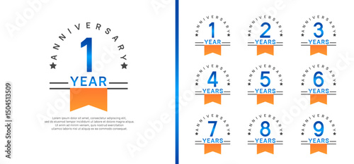 set of anniversary logo style with orange ribbon. vector design blue color for celebration