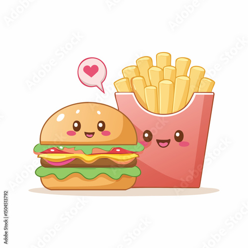 Kawaii Burger and Fries Duo – Flat 2D Illustration