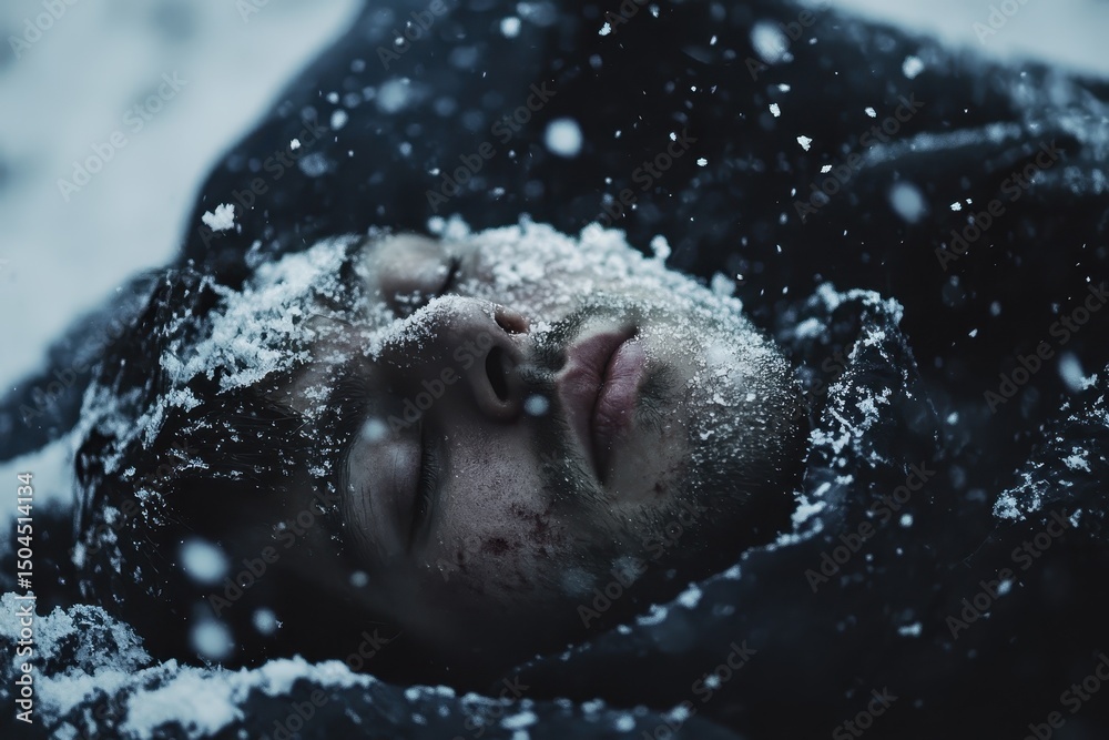 Fototapeta premium Snowfall covers a lifeless body in a desolate winter landscape during a chilling close up shot, Dead Body In Snowfall Moving Shot