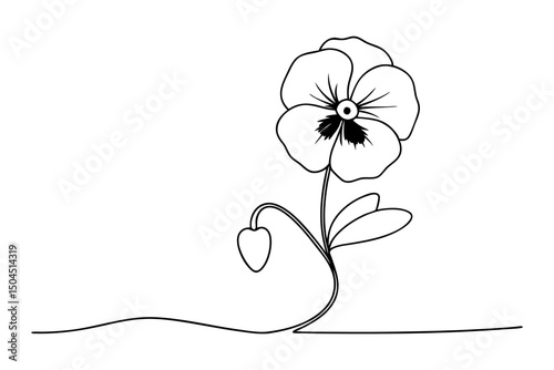 Pansy Flower with Branch in Clean Line Drawing