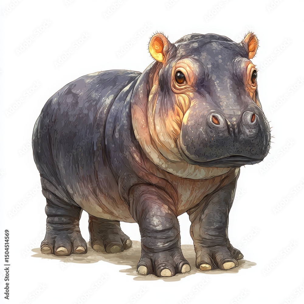 Naklejka premium Funny Cute Hippopotamus Cartoon Illustration: Whimsical Children’s Book Art with Realistic Details and Playful Look