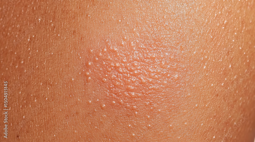 Fototapeta premium Close-up view of irritated skin shows a cluster of small, raised bumps, indicating a possible allergic reaction or rash on the skin.