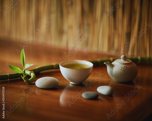 Japanese Tea Set with Bamboo and Zen Stones , Minimalist Japanese Tea Set in Natural Atmosphere , Tranquil Japanese Tea Set for Calm Living