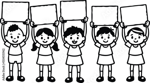 Set of kids holding blank board coloring page, Many children hold blank boards Outline, line art boy and girl bundle vector illustration.	