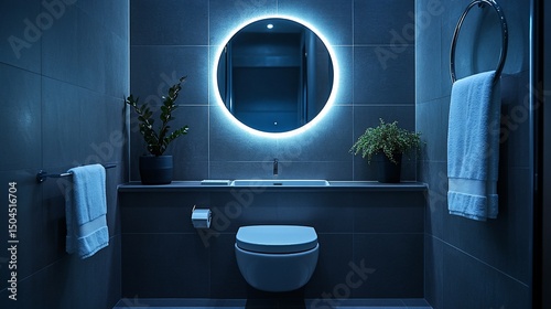 Modern minimalist bathroom interior with illuminated circular mirror and dark tiles