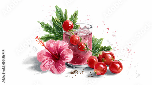 Watercolor Illustration of Amla and Hibiscus Juice – Herbal Fusion Drink with Indian Gooseberry and Hibiscus Flower

