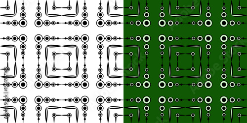 Green checkered geometric seamless pattern. Black white shapes on green background. Mosaic square tile. Bright background with complex texture. Clear strict ornament for web, textile, etc.