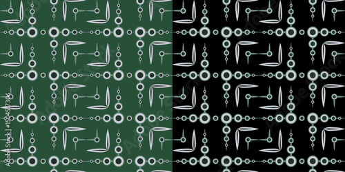 Dark abstract geometric seamless pattern. Black circle and curved lines. Parallel and perpendicular lines. Complex square monochrome shapes on dark background. Clear strict ornament