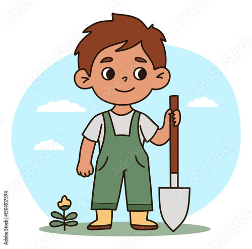 Cute boy Gardening with Shovel. Kid farmer character in overalls and rubber boots in clearing with flower. Hand Color doodle drawing. Vector illustration