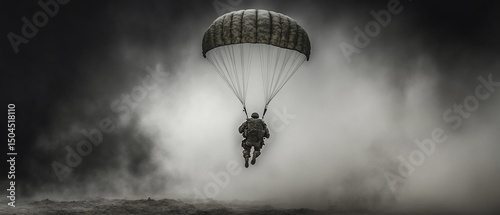 Soldier parachutes in smoky atmosphere, descending with canopy deployed. Dramatic black and white image