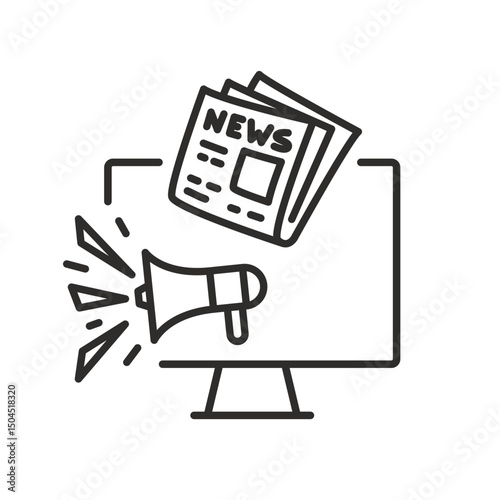 news information icon, media content, megaphone, newspaper, pc vector illustration