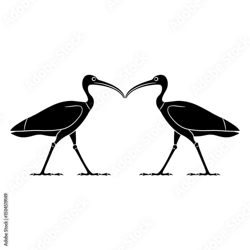 Symmetrical ethnic animal design with two standing ibises. Ancient Egyptian sacred bird. Black and white linear silhouette.