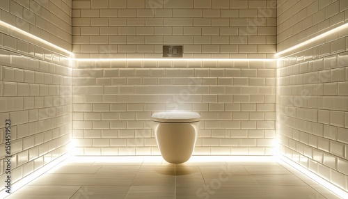 Modern bathroom interior showcasing minimalist design with elegant tilework and subtle lighting