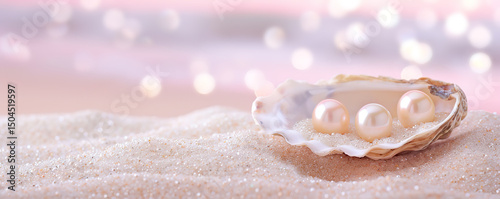 Close up of three white pearls in an open seashell, lying on white sand with a bokeh background.  Pearls symbolize beauty, purity, and wealth.