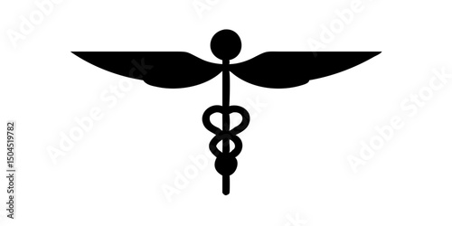 Caduceus health symbol Asclepius's Wand icon black color, silhouette, vector, illustration.A solid black image perfect for backgrounds or graphic design.