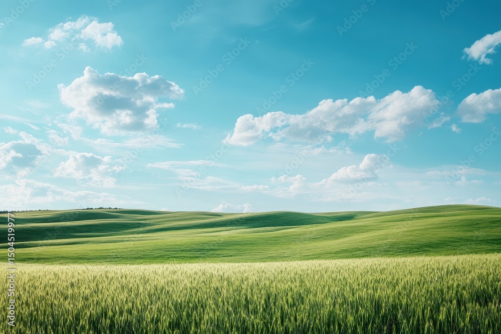 Obraz premium Vast green grass field under a clear blue sky with fluffy white clouds in the background, Landscape of green grass field with blue sky and small hills, Summer nature landscape background