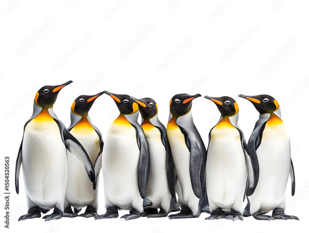Fototapeta premium Group of Seven Emperor Penguins Standing in Row on Transparent Background