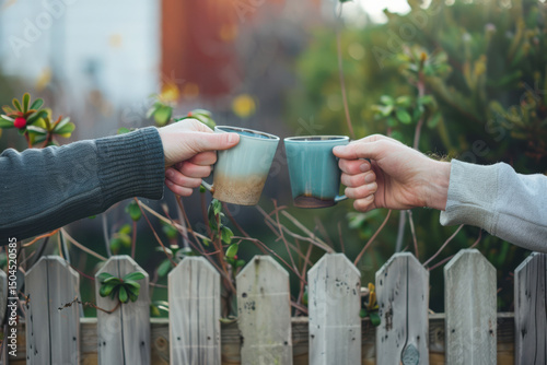 Neighbours clinking ceramic mugs over backyard fence