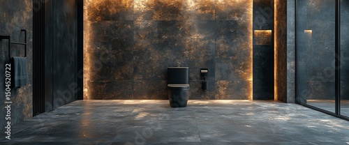 Modern minimalist bathroom with black toilet and dark tile illuminated by warm lighting