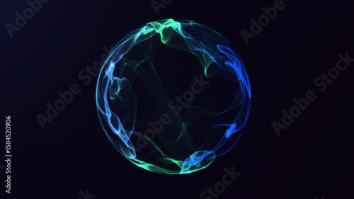 Futuristic glowing energy sphere with flowing neon light waves rotating in dark space. Abstract 3D plasma orb loop animation in blue and green colors for sci-fi, quantum AI, and digital technology 