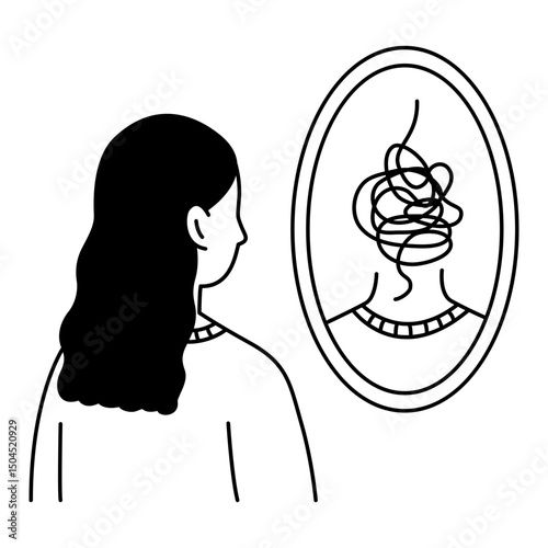 A woman looking in the mirror, seeing herself in confusion and sadness. icon or illustration about mental health
