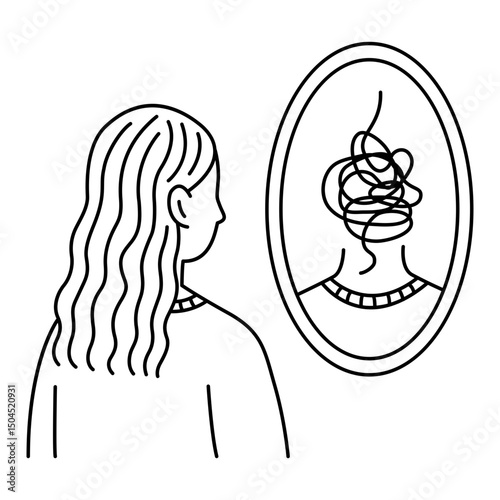 A woman looking in the mirror, seeing herself in confusion and sadness. icon or illustration about mental health