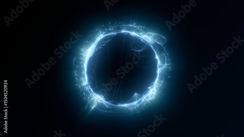 Glowing futuristic energy ring made of light particles and digital waves rotating in dark space. Abstract portal loop animation in blue tones for quantum AI, cyber visuals, and high-tech backgrounds 