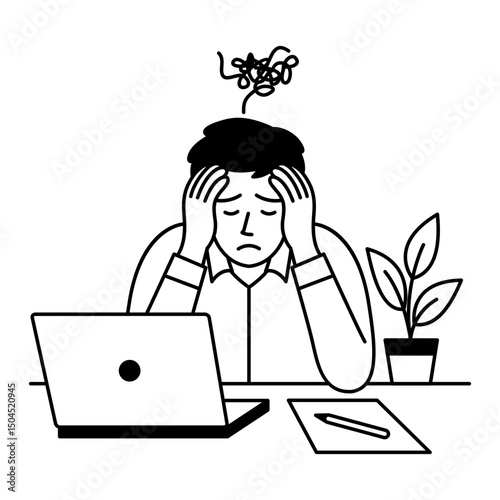 a stressed man at his desk with a line style