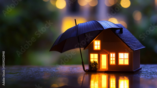 Wallpaper Mural Cozy model house with glowing windows under black umbrella, protection symbol Torontodigital.ca
