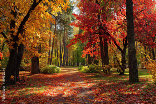 Colorful autumn background, beautiful fall nature wallpaper, red, yellow and orange leaves with bokeh