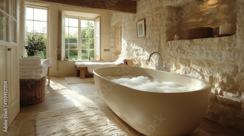 Cozy rustic bathroom with a freestanding bathtub, stone walls, soft natural light, and warm textures creating a peaceful, spa-like retreat.
