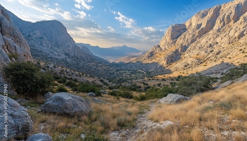 Majestic Mountain Valley Vista: A Serene Landscape Under a Bright Blue Sky