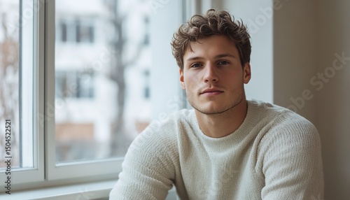 Portrait of a confident young man with curly hair sitting by the window indoors