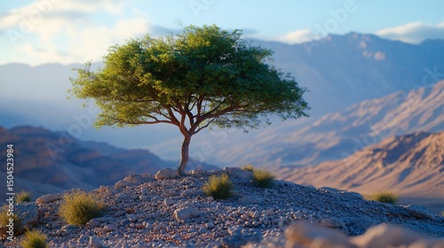Solitary tree on rocky outcrop with scenic mountain backdrop under blue sky